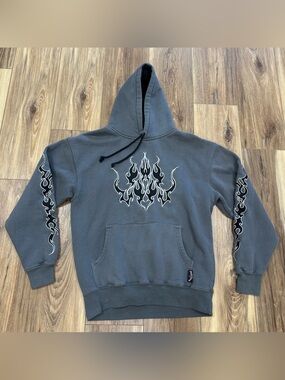 Vintage Y2K Sapphire Lounge Tribal Flames Hoodie Grey Skater Punk, Medium